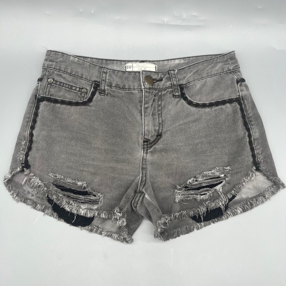 Free People Denim Short Shorts 25 Black Wash Distressed Cut-Off Micro Mini Lace - Picture 1 of 9
